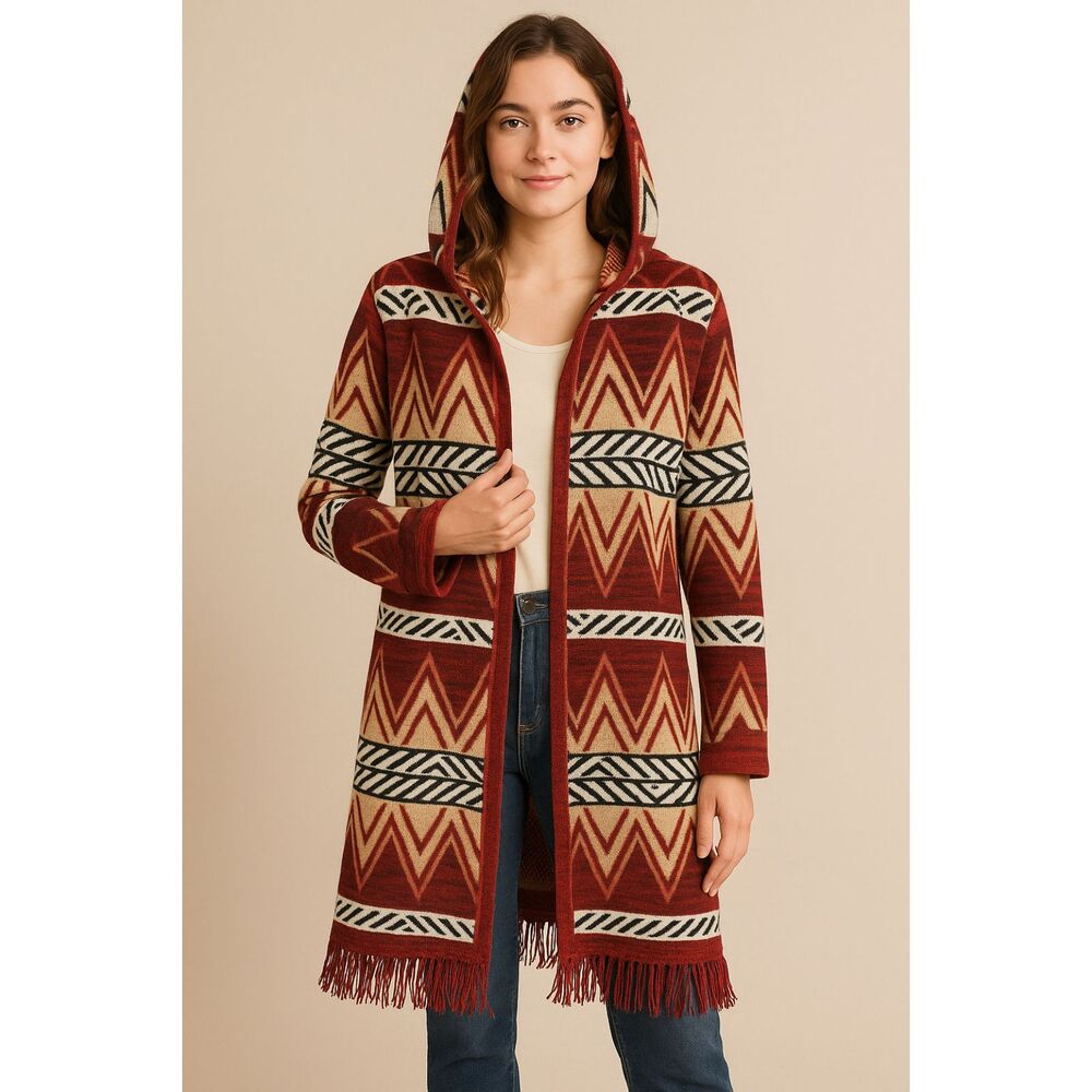 Open front hooded sweater cardigan fringe hem south western Sz Medium M